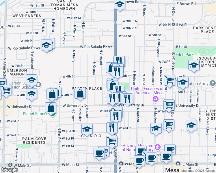 map of restaurants, bars, coffee shops, grocery stores, and more near 455 West 5th Place in Mesa