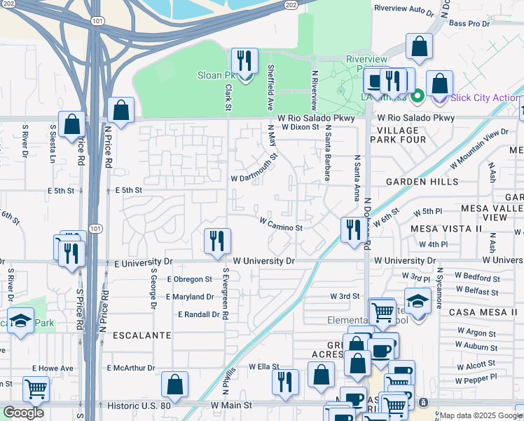 map of restaurants, bars, coffee shops, grocery stores, and more near 540 North May in Mesa
