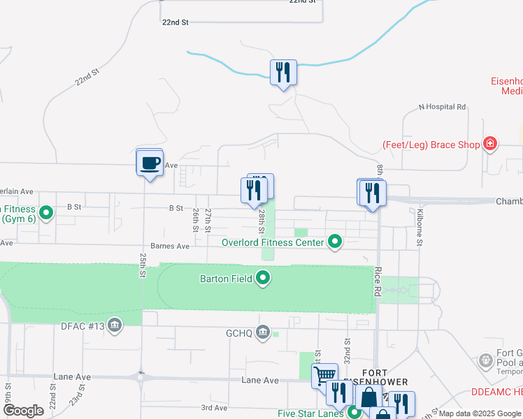 map of restaurants, bars, coffee shops, grocery stores, and more near 29th Street in Augusta
