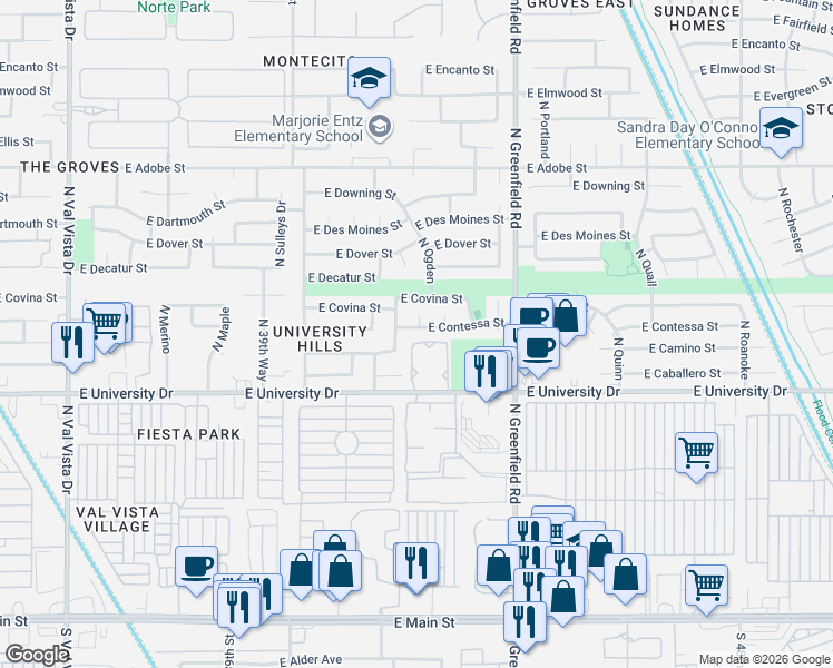 map of restaurants, bars, coffee shops, grocery stores, and more near 4259 East Contessa Street in Mesa