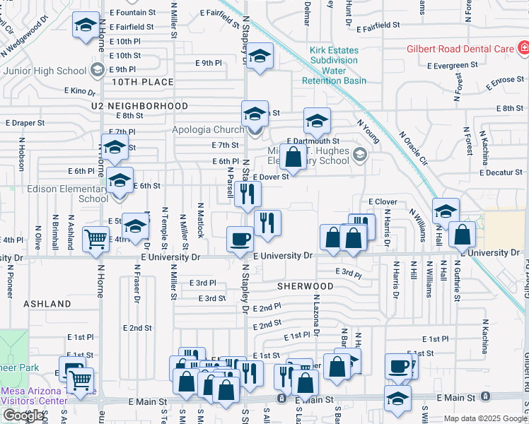 map of restaurants, bars, coffee shops, grocery stores, and more near 515 North Stapley Drive in Mesa