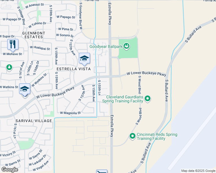 map of restaurants, bars, coffee shops, grocery stores, and more near 15516 West Watkins Street in Goodyear