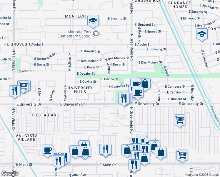map of restaurants, bars, coffee shops, grocery stores, and more near 4259 East Contessa Street in Mesa