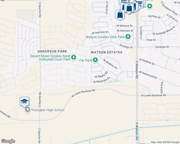 map of restaurants, bars, coffee shops, grocery stores, and more near 2404 South 238th Lane in Buckeye