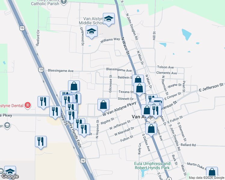 map of restaurants, bars, coffee shops, grocery stores, and more near 380 Columbia College Street in Van Alstyne
