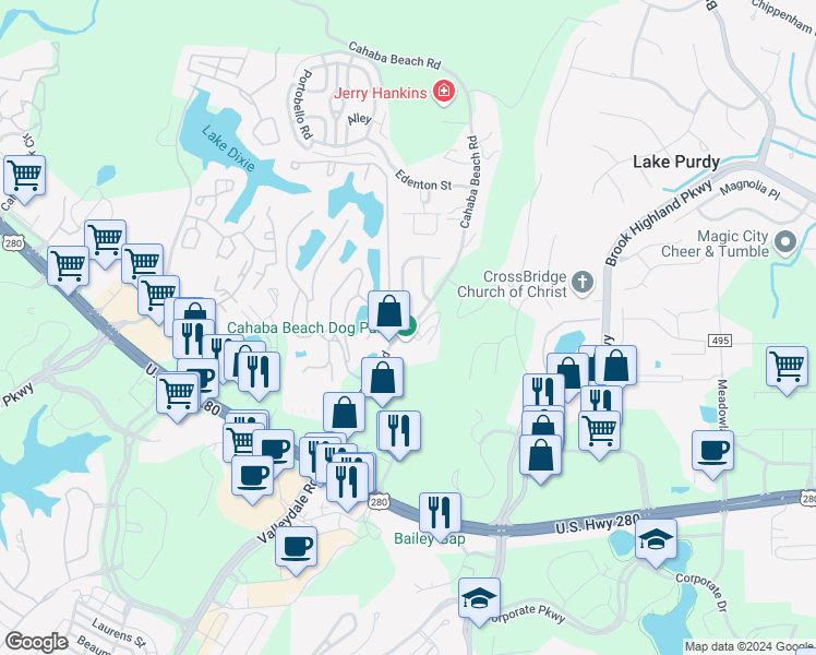 map of restaurants, bars, coffee shops, grocery stores, and more near 2 Lenox Drive in Birmingham