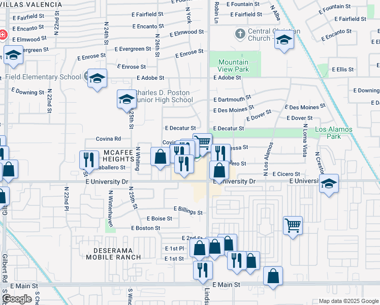 map of restaurants, bars, coffee shops, grocery stores, and more near 2727 East Contessa Street in Mesa