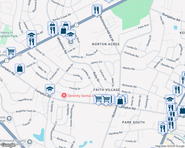 map of restaurants, bars, coffee shops, grocery stores, and more near 2364 Ruby Drive in Augusta