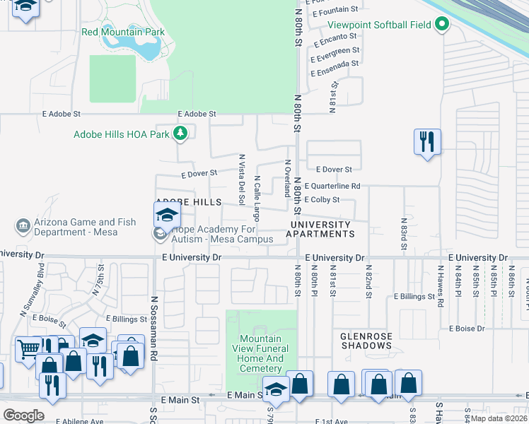 map of restaurants, bars, coffee shops, grocery stores, and more near 7935 East Covina Street in Mesa