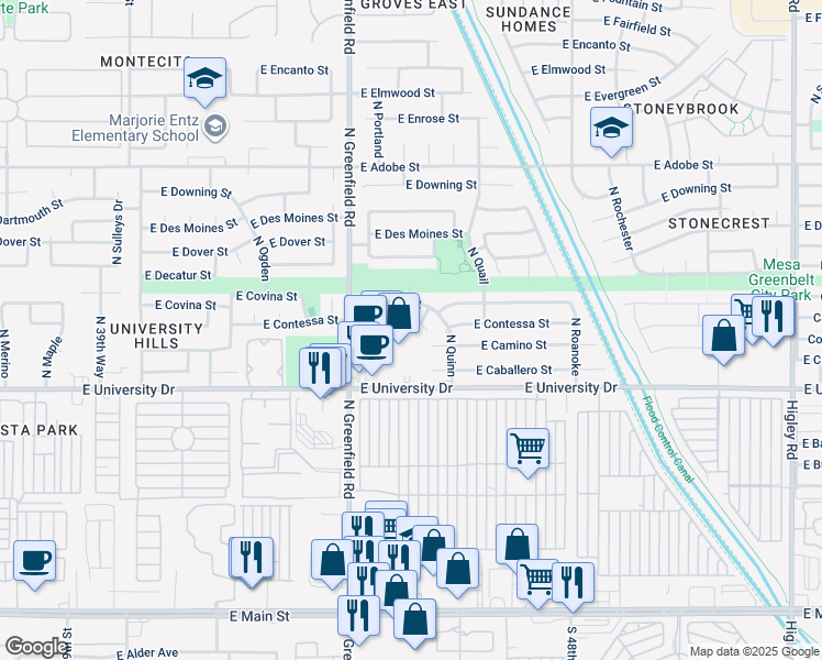 map of restaurants, bars, coffee shops, grocery stores, and more near 4519 East Contessa Street in Mesa