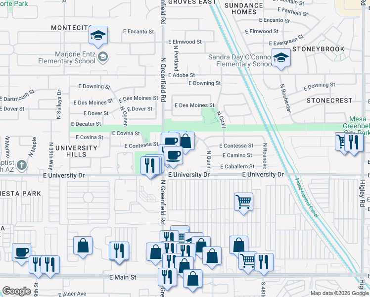 map of restaurants, bars, coffee shops, grocery stores, and more near 4435 East Contessa Street in Mesa