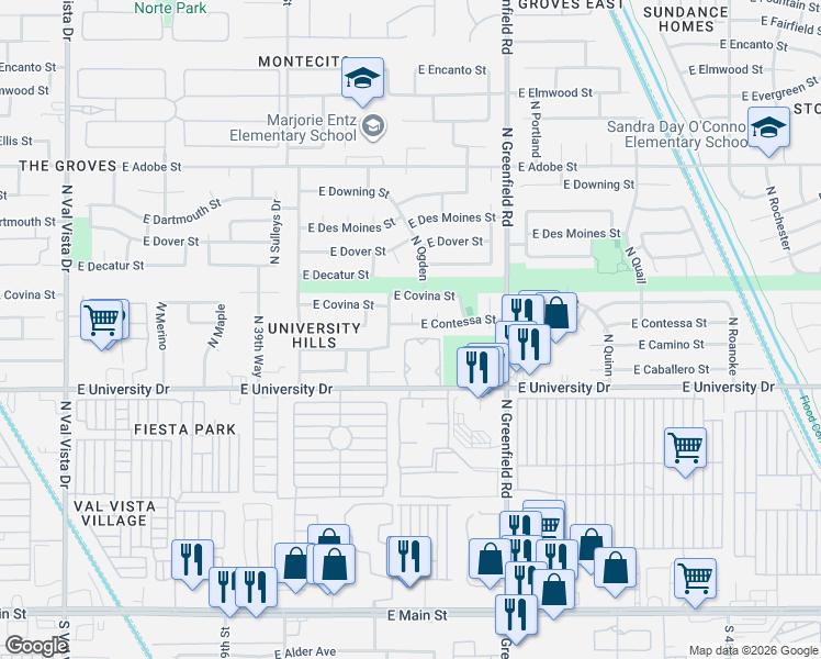 map of restaurants, bars, coffee shops, grocery stores, and more near 4232 East Heatherwood in Mesa