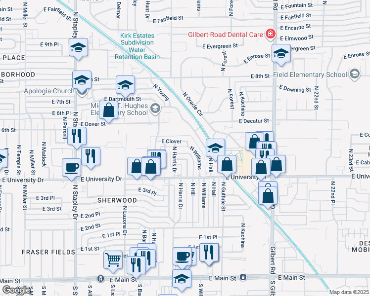 map of restaurants, bars, coffee shops, grocery stores, and more near 503 North Harris Drive in Mesa