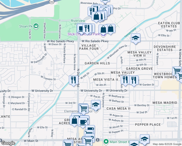 map of restaurants, bars, coffee shops, grocery stores, and more near 1854 West 5th Place in Mesa