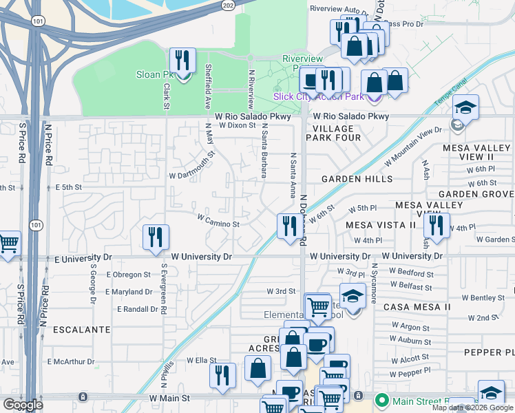 map of restaurants, bars, coffee shops, grocery stores, and more near 12 West Camino Street in Mesa