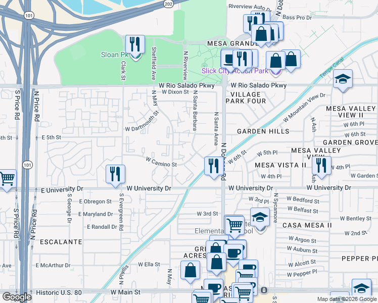 map of restaurants, bars, coffee shops, grocery stores, and more near 12 West Camino Street in Mesa