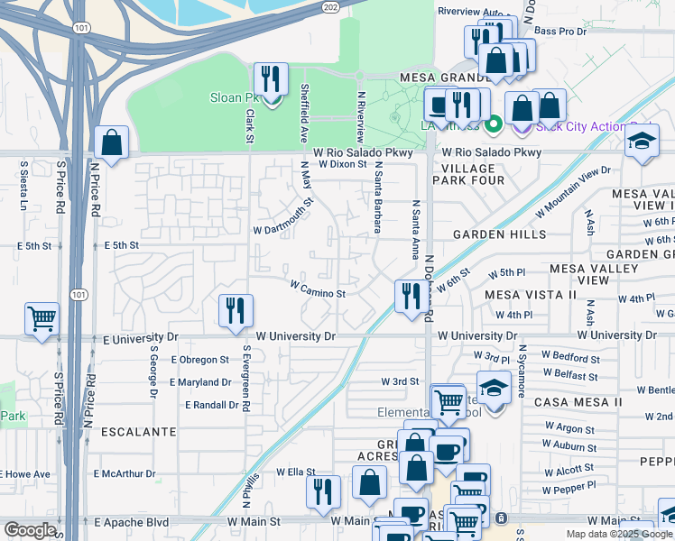 map of restaurants, bars, coffee shops, grocery stores, and more near 540 North May in Mesa