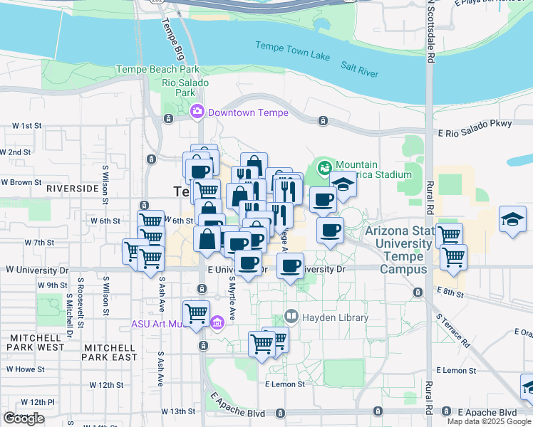 map of restaurants, bars, coffee shops, grocery stores, and more near in Tempe