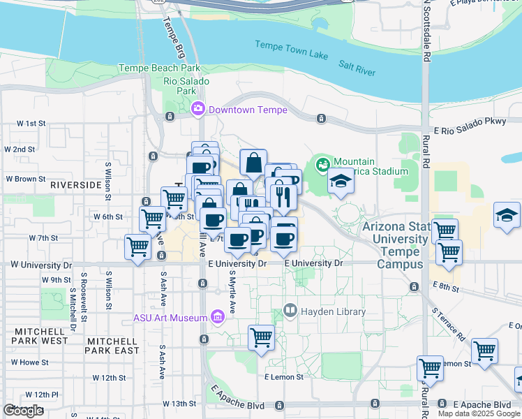 map of restaurants, bars, coffee shops, grocery stores, and more near in Tempe