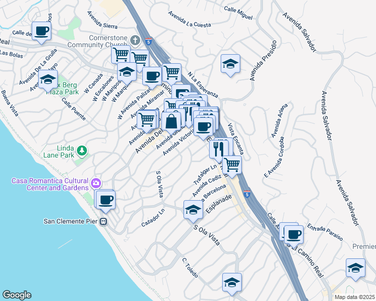 map of restaurants, bars, coffee shops, grocery stores, and more near 203 Avenida Monterey in San Clemente