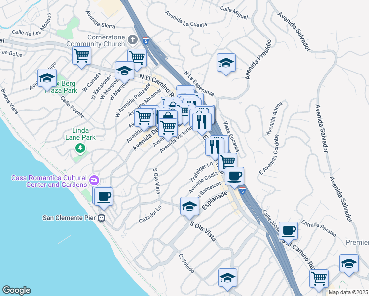 map of restaurants, bars, coffee shops, grocery stores, and more near 147 Avenida Rosa in San Clemente