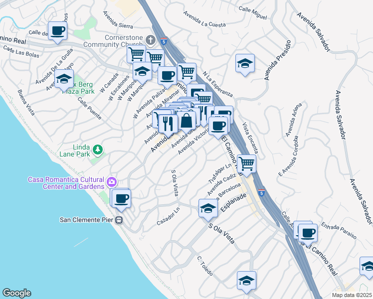 map of restaurants, bars, coffee shops, grocery stores, and more near 202 Avenida Rosa in San Clemente