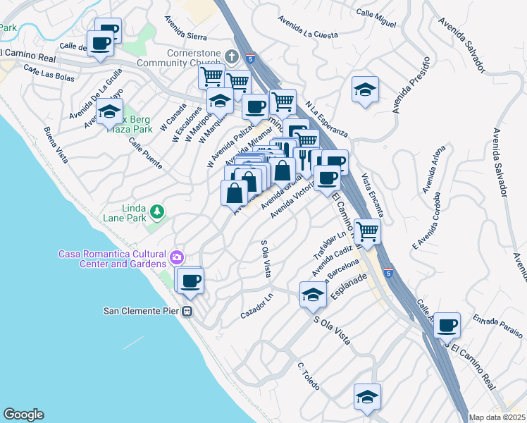 map of restaurants, bars, coffee shops, grocery stores, and more near 220 Avenida Victoria in San Clemente