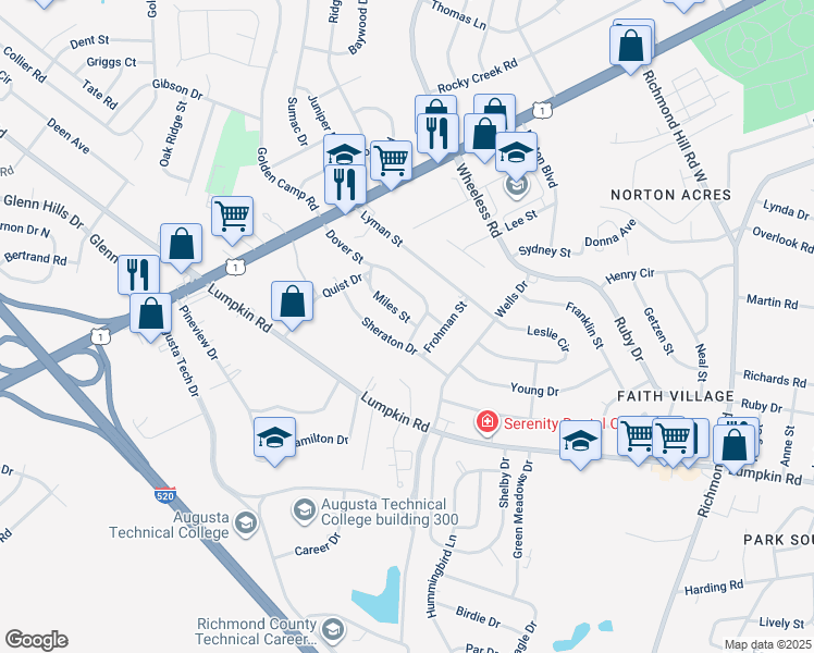 map of restaurants, bars, coffee shops, grocery stores, and more near 2505 Dover Street in Augusta