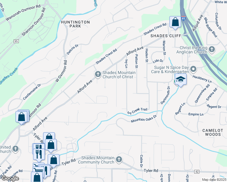 map of restaurants, bars, coffee shops, grocery stores, and more near 2264 Larkspur Drive in Birmingham