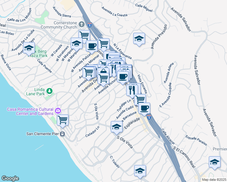 map of restaurants, bars, coffee shops, grocery stores, and more near 147 Avenida Rosa in San Clemente