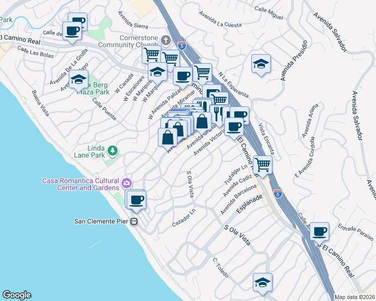 map of restaurants, bars, coffee shops, grocery stores, and more near 219 Avenida Granada in San Clemente