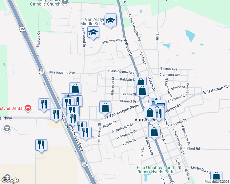 map of restaurants, bars, coffee shops, grocery stores, and more near 380 Columbia College Street in Van Alstyne