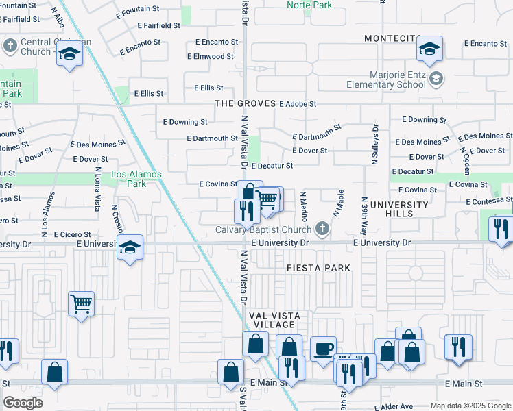 map of restaurants, bars, coffee shops, grocery stores, and more near 4 East Highland Park Manor in Mesa
