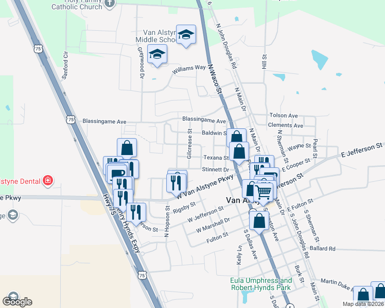 map of restaurants, bars, coffee shops, grocery stores, and more near 380 Columbia College Street in Van Alstyne