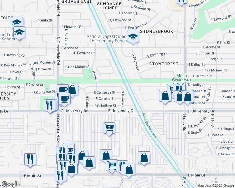 map of restaurants, bars, coffee shops, grocery stores, and more near 4728 East Camino Street in Mesa
