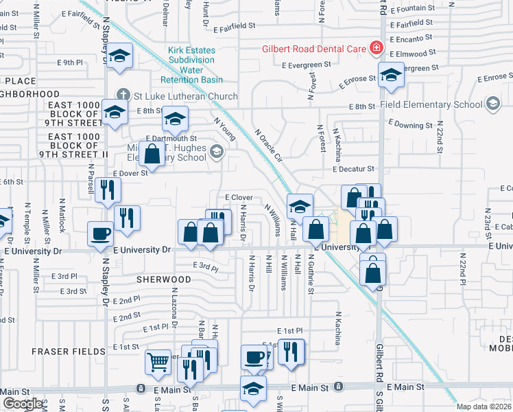 map of restaurants, bars, coffee shops, grocery stores, and more near 538 North Williams in Mesa