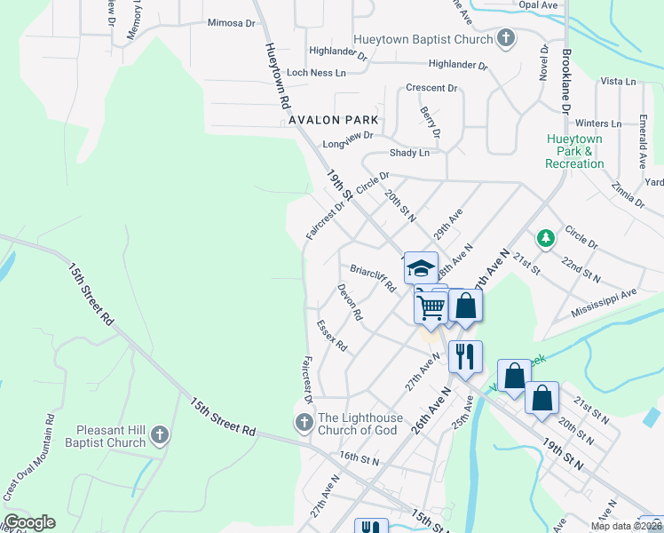 map of restaurants, bars, coffee shops, grocery stores, and more near 1717 Faircrest Drive in Hueytown
