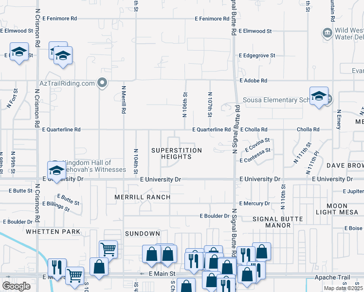 map of restaurants, bars, coffee shops, grocery stores, and more near 10561 East Camino Circle in Mesa
