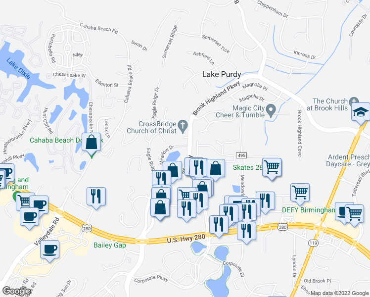 map of restaurants, bars, coffee shops, grocery stores, and more near 102 Meadow Drive in Birmingham