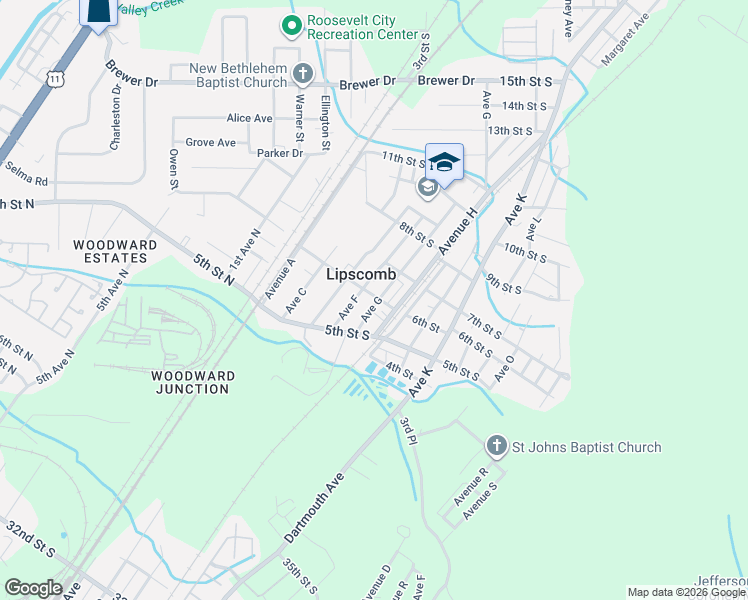 map of restaurants, bars, coffee shops, grocery stores, and more near 5516 Avenue G in Bessemer