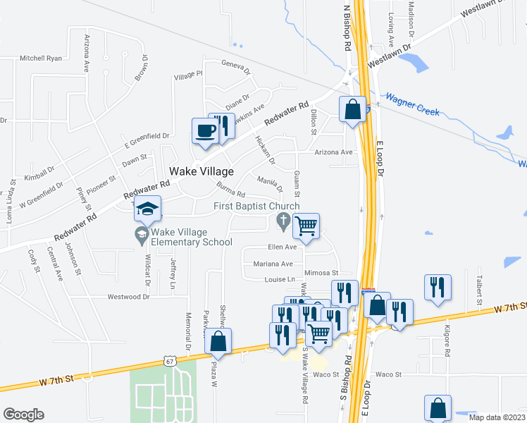 map of restaurants, bars, coffee shops, grocery stores, and more near 845 Singapore Drive in Wake Village