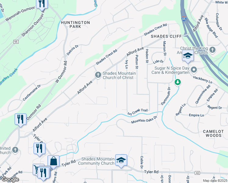 map of restaurants, bars, coffee shops, grocery stores, and more near 2264 Larkspur Drive in Birmingham