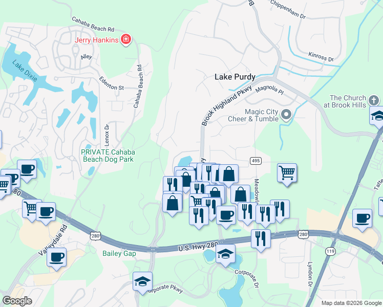 map of restaurants, bars, coffee shops, grocery stores, and more near 816 Meadow Drive in Birmingham