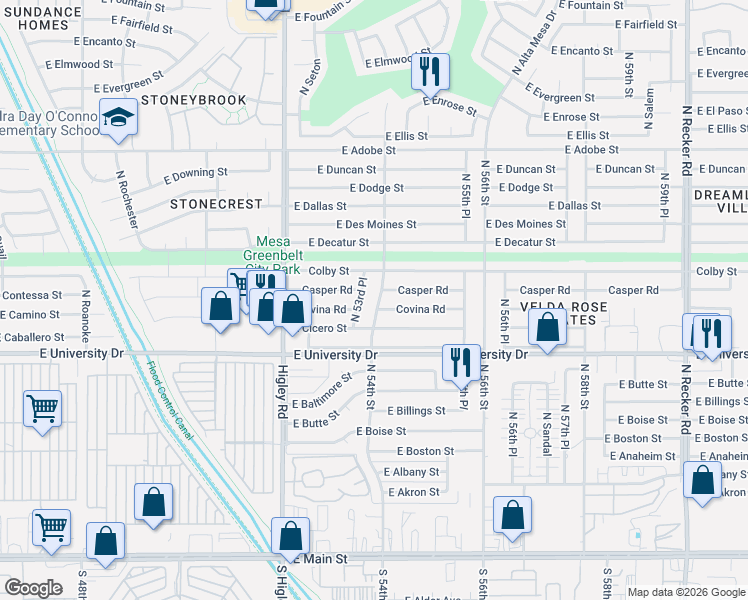 map of restaurants, bars, coffee shops, grocery stores, and more near 501 North 53rd Place in Mesa