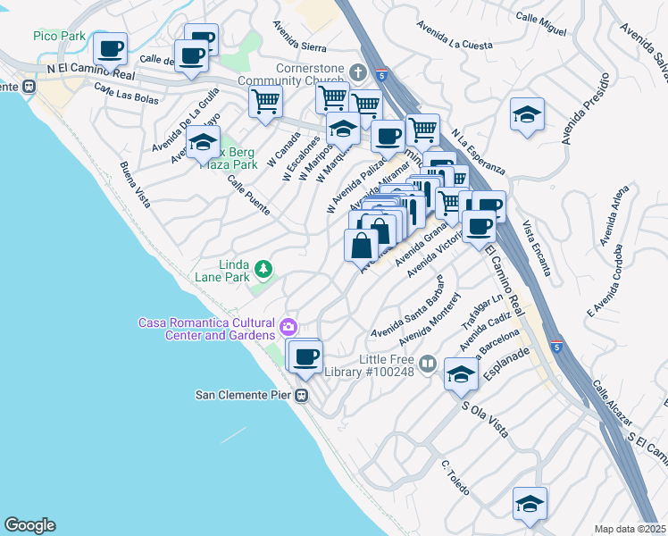 map of restaurants, bars, coffee shops, grocery stores, and more near 246 Avenida Cabrillo in San Clemente
