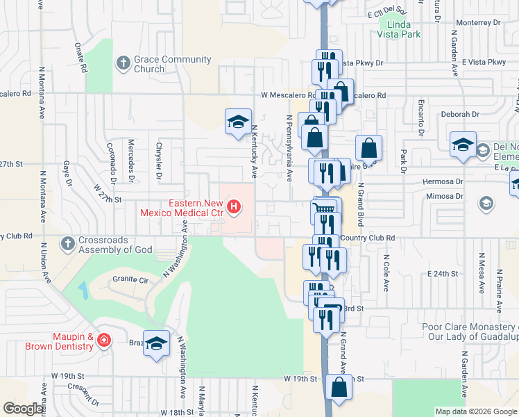 map of restaurants, bars, coffee shops, grocery stores, and more near 2601 North Kentucky Avenue in Roswell