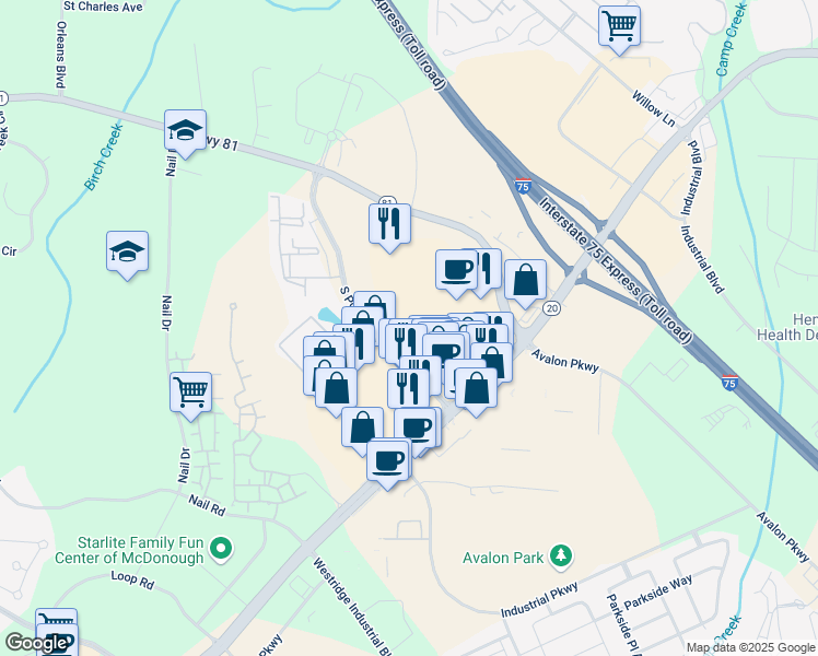 map of restaurants, bars, coffee shops, grocery stores, and more near 198 South Point Boulevard in McDonough