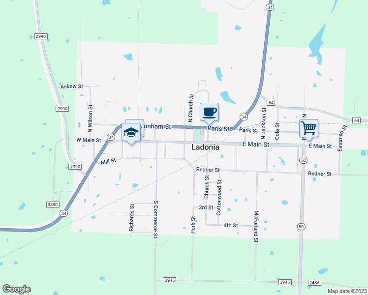 map of restaurants, bars, coffee shops, grocery stores, and more near 101 West Main in Ladonia