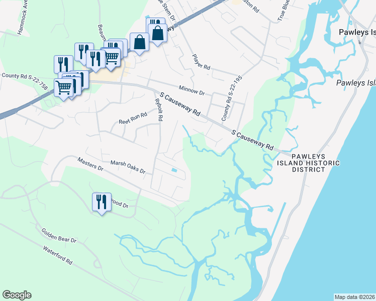 map of restaurants, bars, coffee shops, grocery stores, and more near 49 Reef Run Road in Pawleys Island
