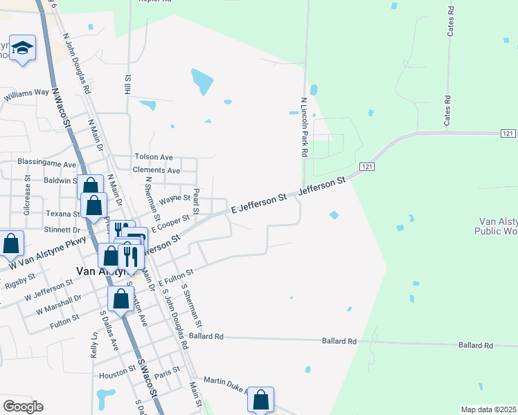 map of restaurants, bars, coffee shops, grocery stores, and more near 408 East Jefferson Street in Van Alstyne